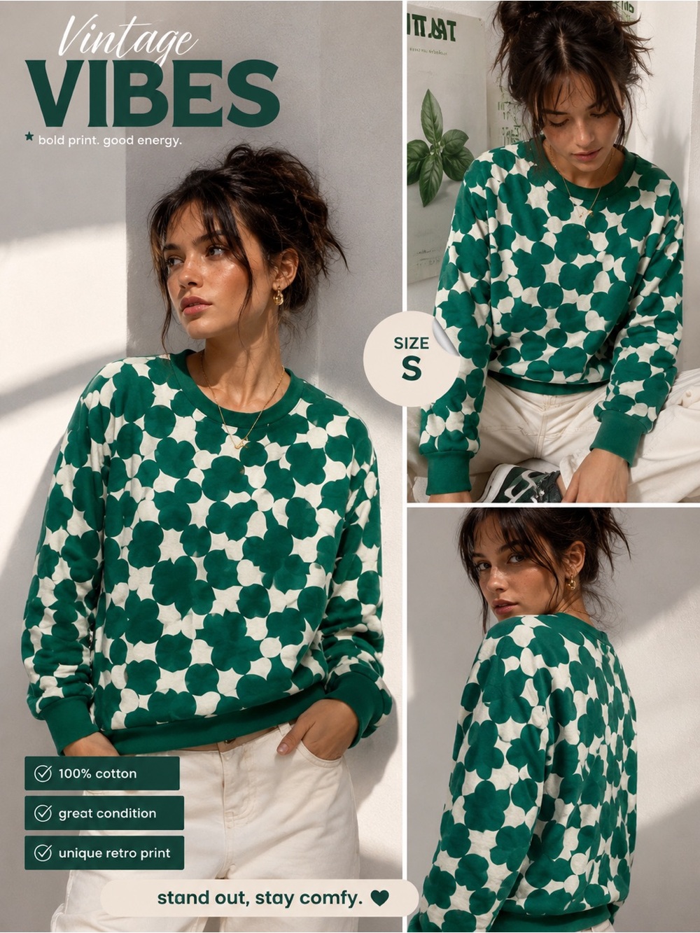 Dusen Dusen Penrose Geometric Fleece Sweatshirt Green White Size S